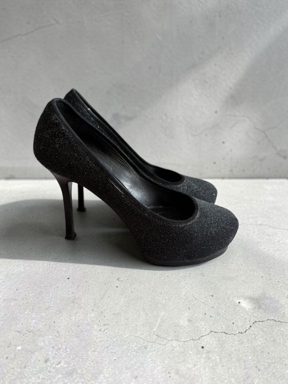 SAINT LAURENT Tribtoo Black Glitter Platform Heels Size 37 / US 7